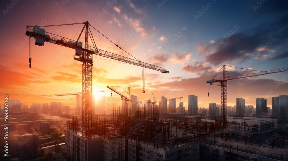 Construction cranes over a city skyline at sunset